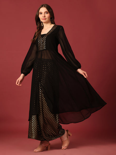 Poshak Hub Women Black Georgette Foil Print A-Line Kurta with palazzo