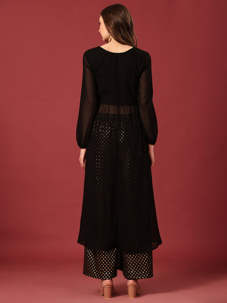 Poshak Hub Women Black Georgette Foil Print A-Line Kurta with palazzo