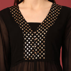 Poshak Hub Women Black Georgette Foil Print A-Line Kurta with palazzo