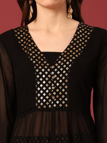 Poshak Hub Women Black Georgette Foil Print A-Line Kurta with palazzo