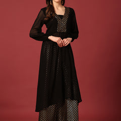 Poshak Hub Women Black Georgette Foil Print A-Line Kurta with palazzo