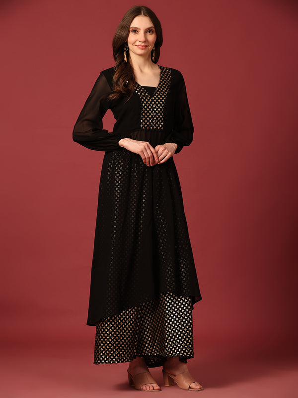 Poshak Hub Women Black Georgette Foil Print A-Line Kurta with palazzo