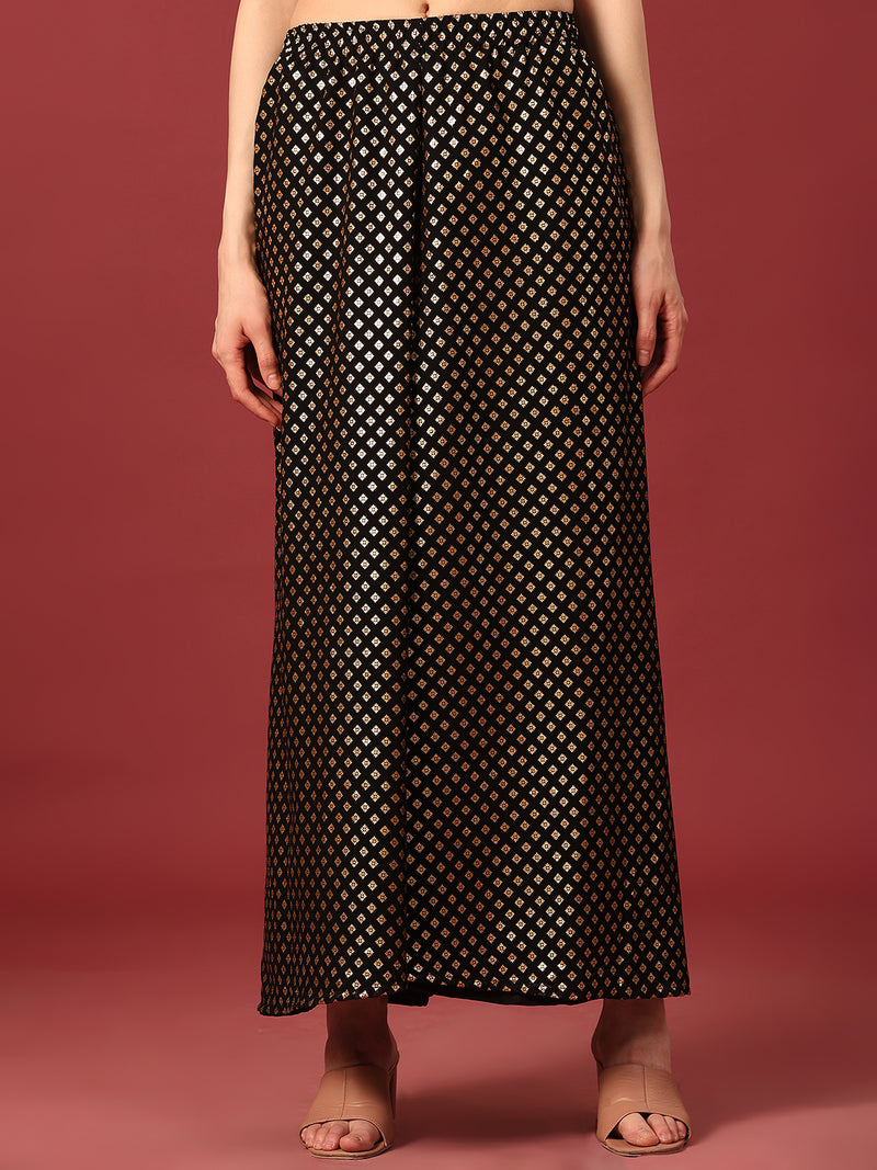 Poshak Hub Women Black Georgette Foil Print A-Line Kurta with palazzo