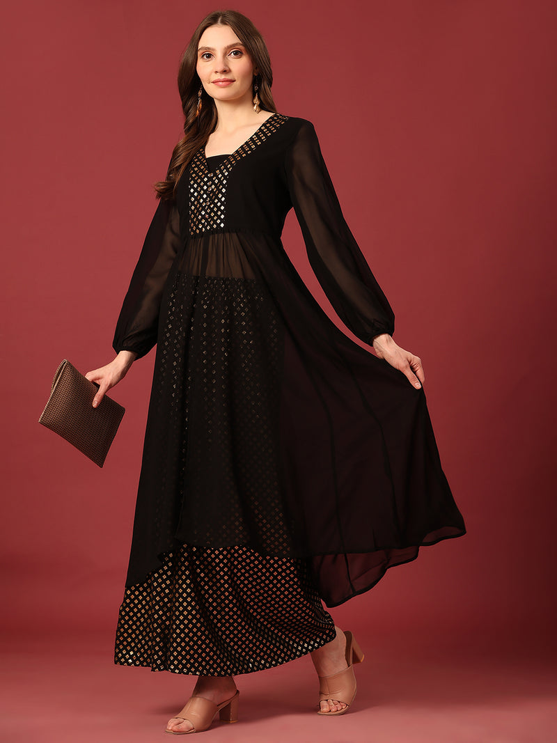 Poshak Hub Women Black Georgette Foil Print A-Line Kurta with palazzo