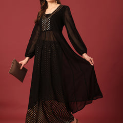 Poshak Hub Women Black Georgette Foil Print A-Line Kurta with palazzo
