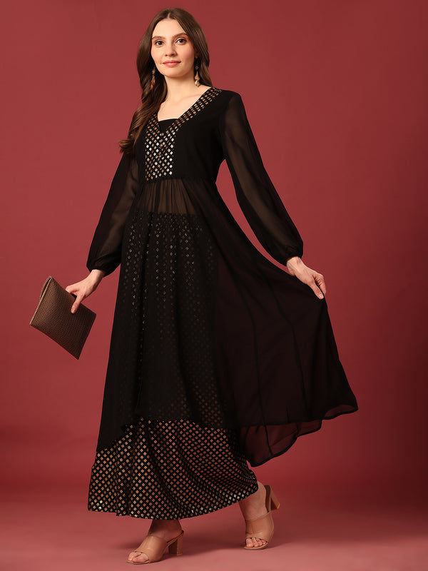 Poshak Hub Women Black Georgette Foil Print A-Line Kurta with palazzo
