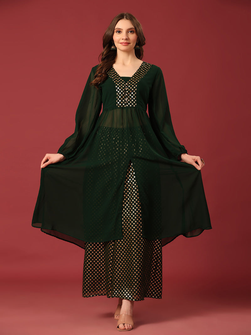 Poshak Hub Women Green Georgette Foil Print A-Line Kurta with palazzo