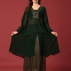 Poshak Hub Women Green Georgette Foil Print A-Line Kurta with palazzo