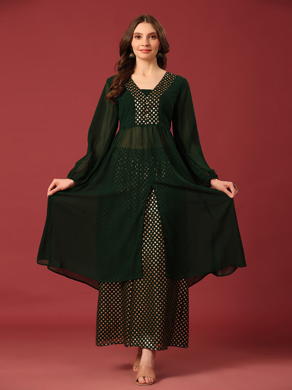 Poshak Hub Women Green Georgette Foil Print A-Line Kurta with palazzo