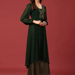 Poshak Hub Women Green Georgette Foil Print A-Line Kurta with palazzo