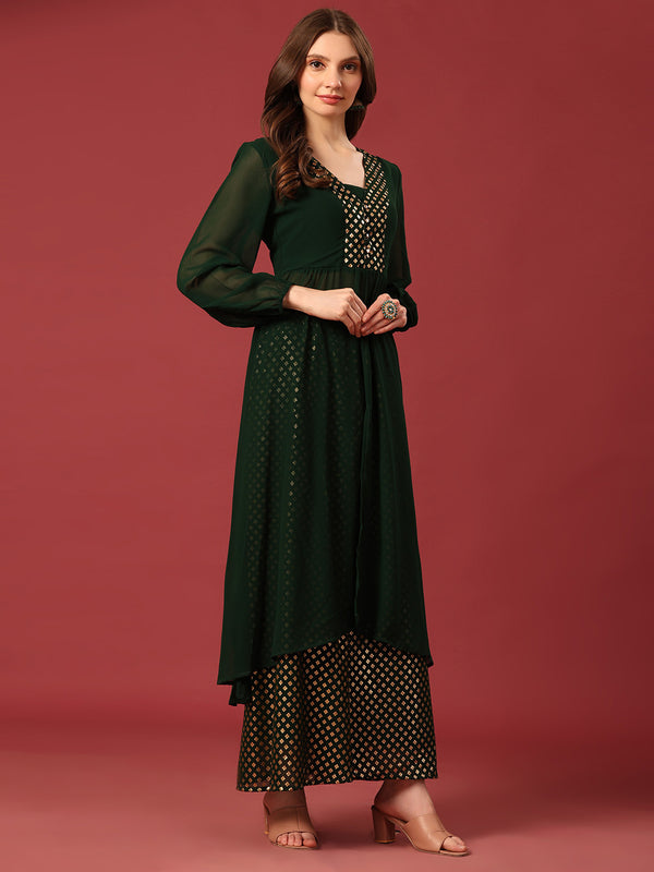 Poshak Hub Women Green Georgette Foil Print A-Line Kurta with palazzo