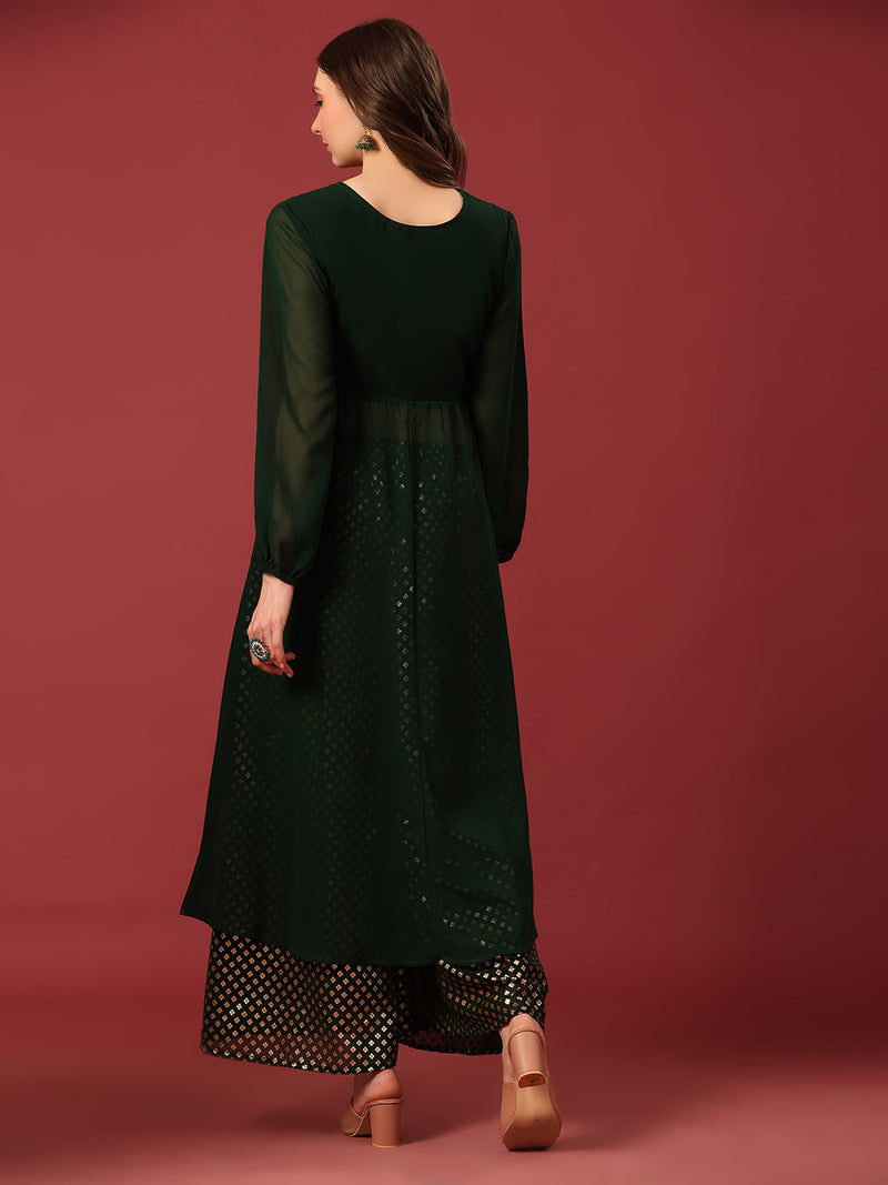 Poshak Hub Women Green Georgette Foil Print A-Line Kurta with palazzo