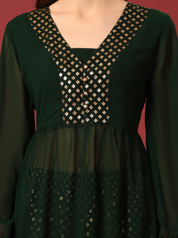 Poshak Hub Women Green Georgette Foil Print A-Line Kurta with palazzo