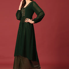Poshak Hub Women Green Georgette Foil Print A-Line Kurta with palazzo