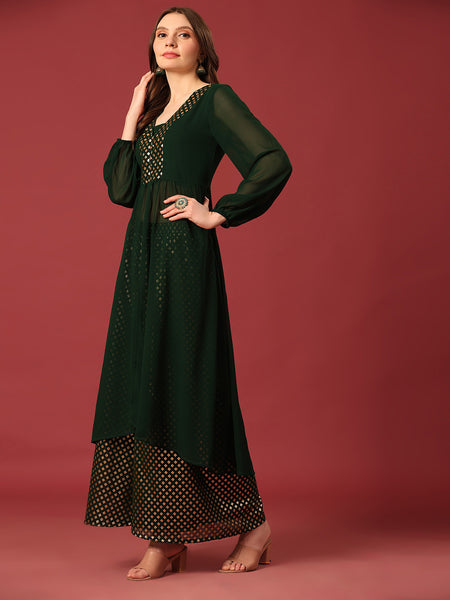 Poshak Hub Women Green Georgette Foil Print A-Line Kurta with palazzo