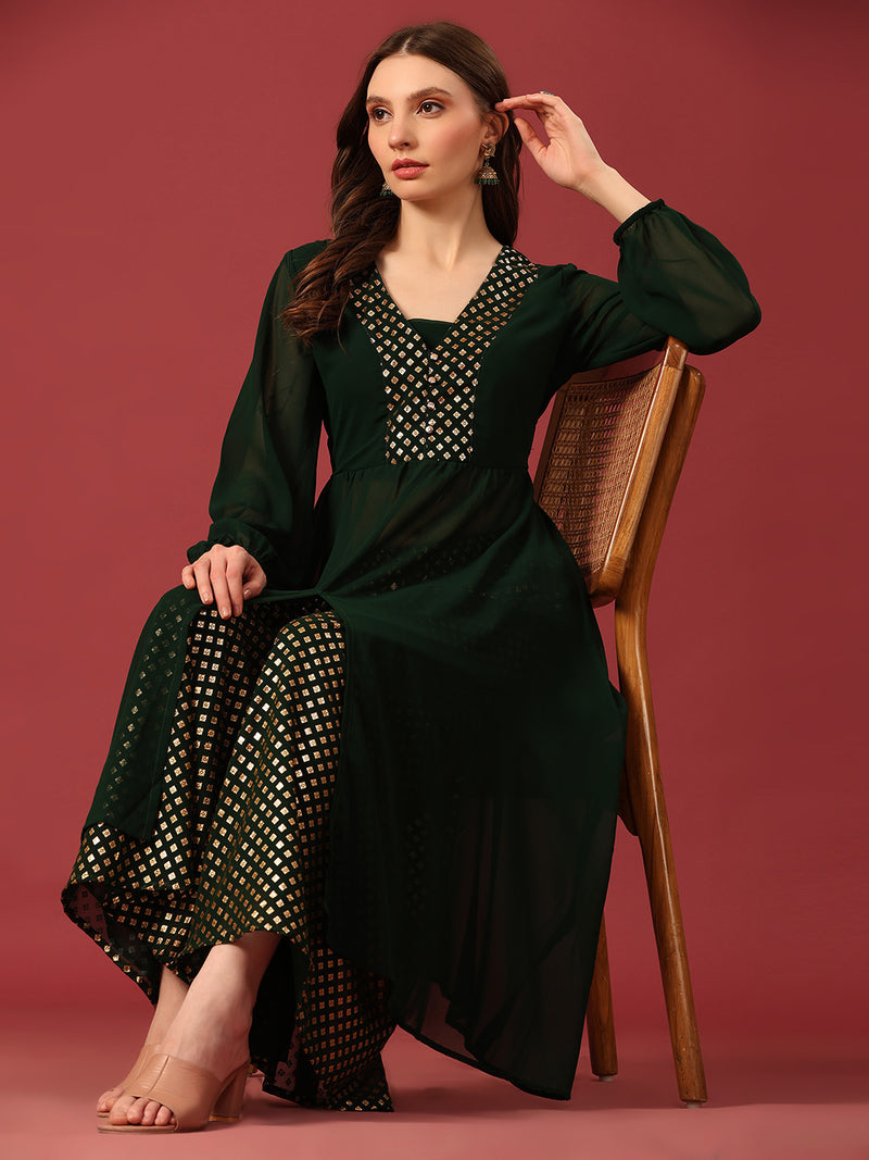 Poshak Hub Women Green Georgette Foil Print A-Line Kurta with palazzo