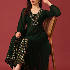 Poshak Hub Women Green Georgette Foil Print A-Line Kurta with palazzo