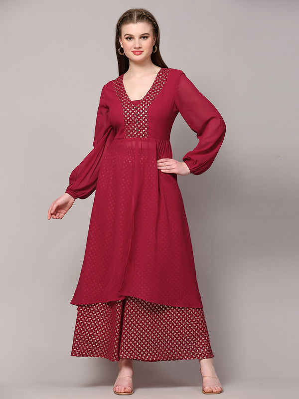 Poshak Hub Women Pink Georgette Foil Print A-Line Kurta with palazzo