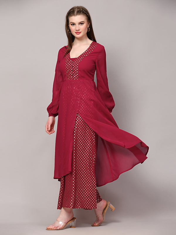 Poshak Hub Women Pink Georgette Foil Print A-Line Kurta with palazzo