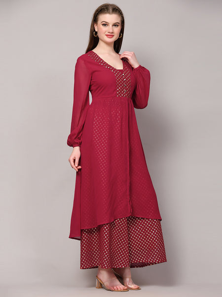 Poshak Hub Women Pink Georgette Foil Print A-Line Kurta with palazzo