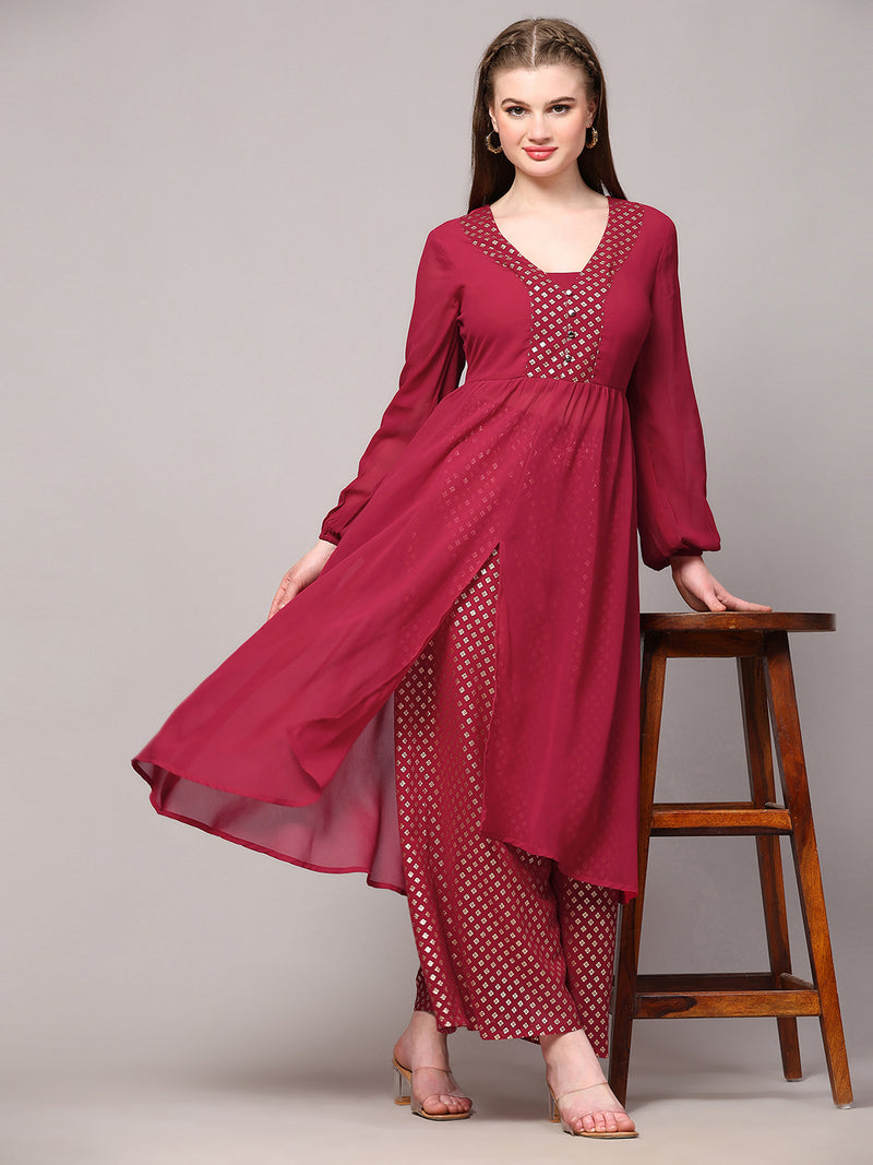 Poshak Hub Women Pink Georgette Foil Print A-Line Kurta with palazzo