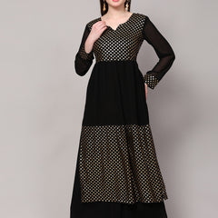 Poshak Hub Women Black Georgette Foil Print A-Line Kurta with palazzo