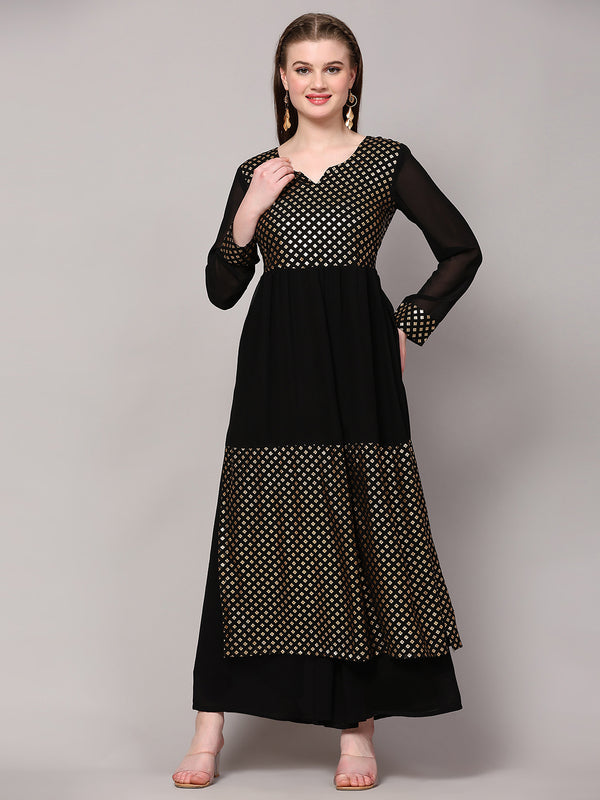 Poshak Hub Women Black Georgette Foil Print A-Line Kurta with palazzo
