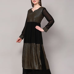 Poshak Hub Women Black Georgette Foil Print A-Line Kurta with palazzo