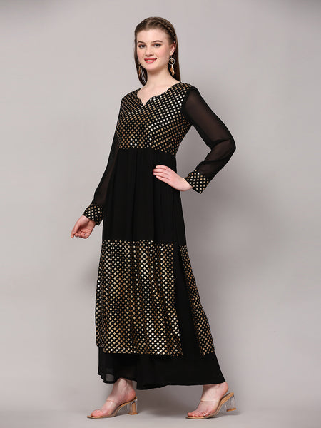 Poshak Hub Women Black Georgette Foil Print A-Line Kurta with palazzo