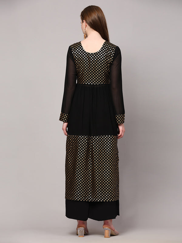 Poshak Hub Women Black Georgette Foil Print A-Line Kurta with palazzo