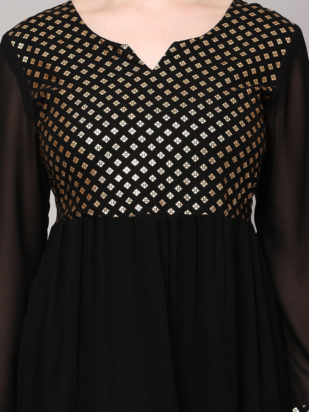 Poshak Hub Women Black Georgette Foil Print A-Line Kurta with palazzo