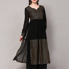 Poshak Hub Women Black Georgette Foil Print A-Line Kurta with palazzo