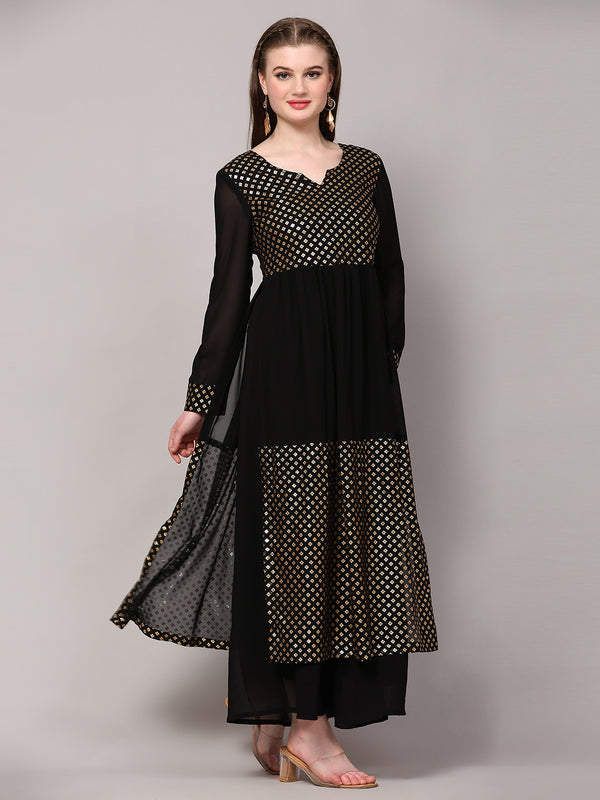 Poshak Hub Women Black Georgette Foil Print A-Line Kurta with palazzo