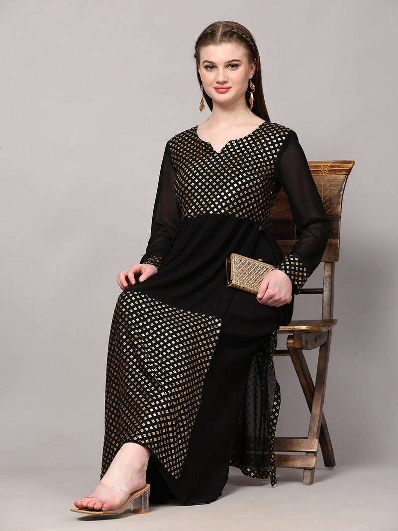 Poshak Hub Women Black Georgette Foil Print A-Line Kurta with palazzo