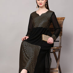 Poshak Hub Women Black Georgette Foil Print A-Line Kurta with palazzo