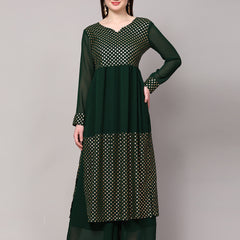 Poshak Hub Women Green Georgette Foil Print A-Line Kurta with palazzo