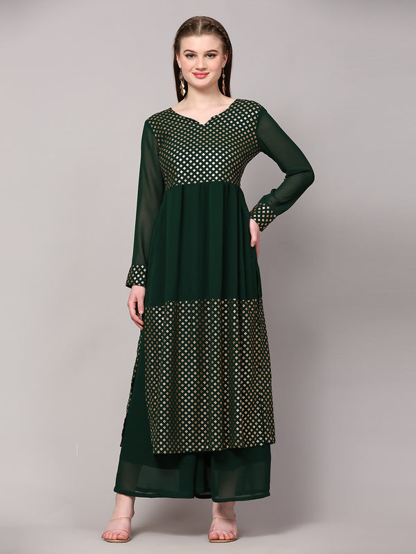 Poshak Hub Women Green Georgette Foil Print A-Line Kurta with palazzo