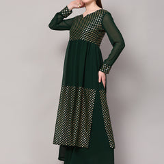 Poshak Hub Women Green Georgette Foil Print A-Line Kurta with palazzo