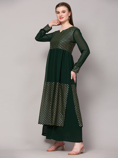 Poshak Hub Women Green Georgette Foil Print A-Line Kurta with palazzo