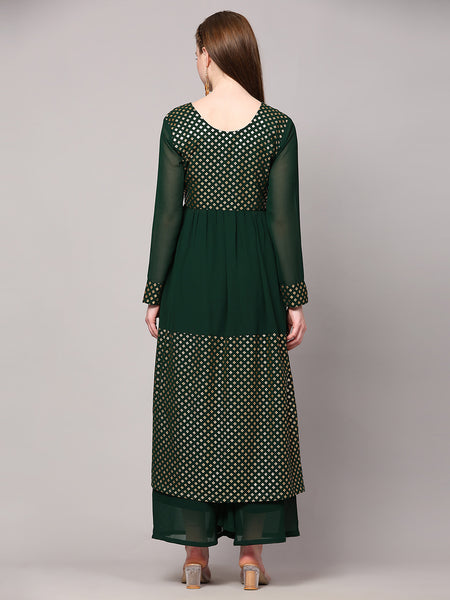 Poshak Hub Women Green Georgette Foil Print A-Line Kurta with palazzo