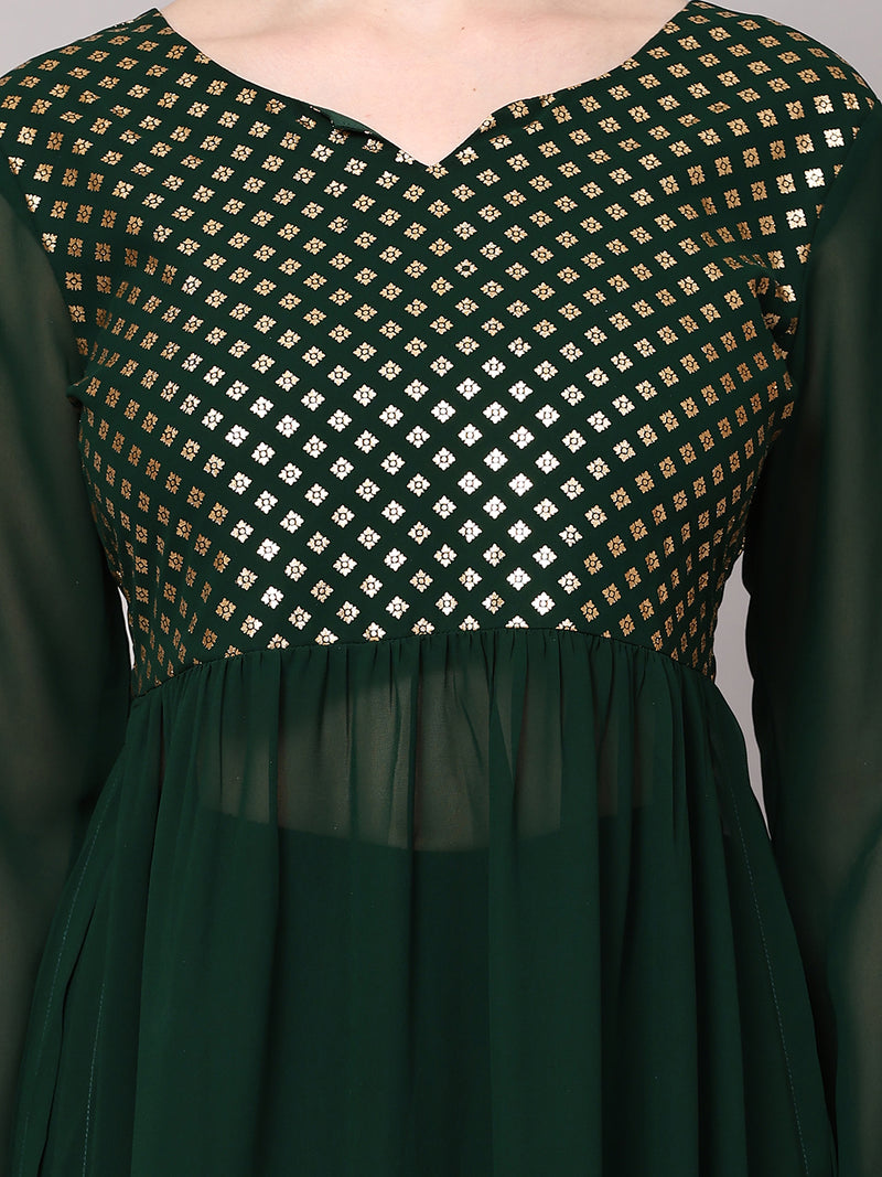 Poshak Hub Women Green Georgette Foil Print A-Line Kurta with palazzo