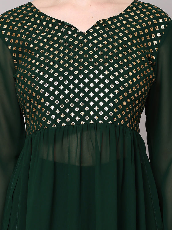Poshak Hub Women Green Georgette Foil Print A-Line Kurta with palazzo