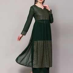 Poshak Hub Women Green Georgette Foil Print A-Line Kurta with palazzo