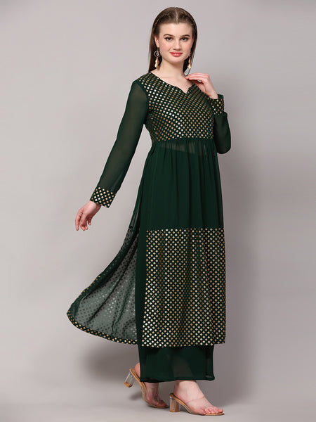 Poshak Hub Women Green Georgette Foil Print A-Line Kurta with palazzo
