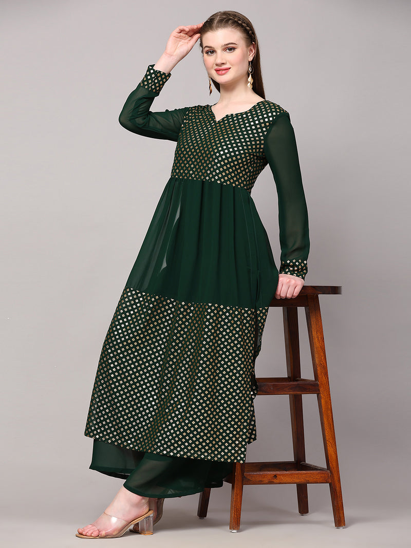 Poshak Hub Women Green Georgette Foil Print A-Line Kurta with palazzo