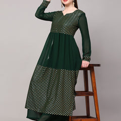 Poshak Hub Women Green Georgette Foil Print A-Line Kurta with palazzo