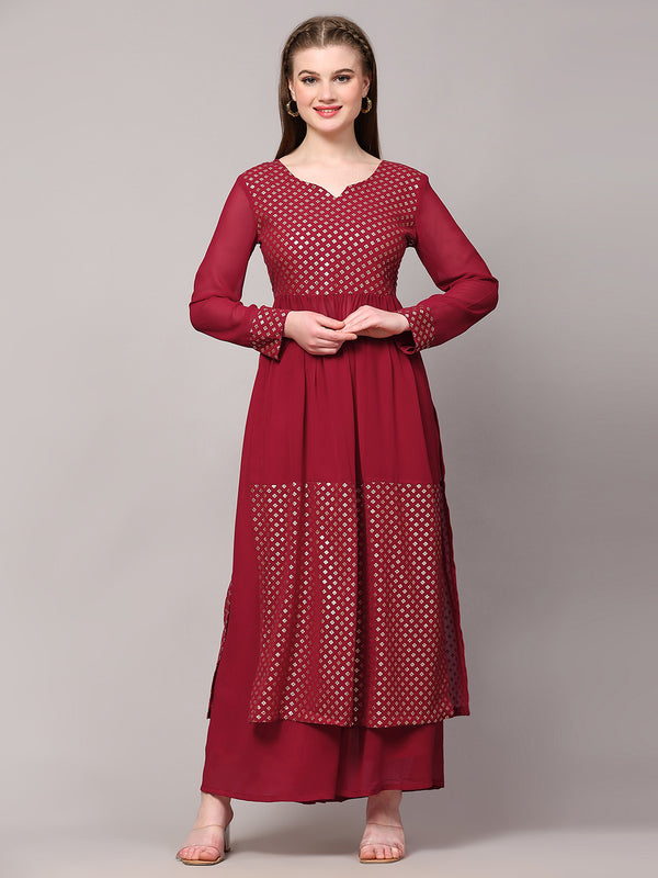 Poshak Hub Women Green Georgette Foil Print A-Line Kurta with palazzo
