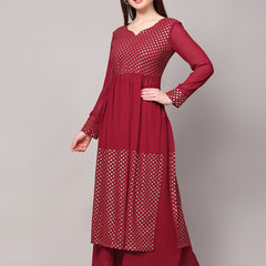 Poshak Hub Women Green Georgette Foil Print A-Line Kurta with palazzo