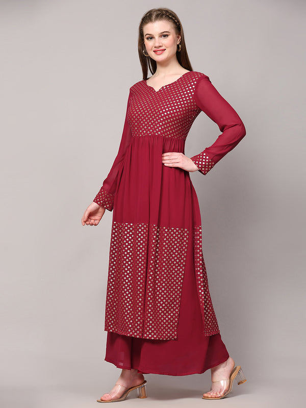 Poshak Hub Women Green Georgette Foil Print A-Line Kurta with palazzo