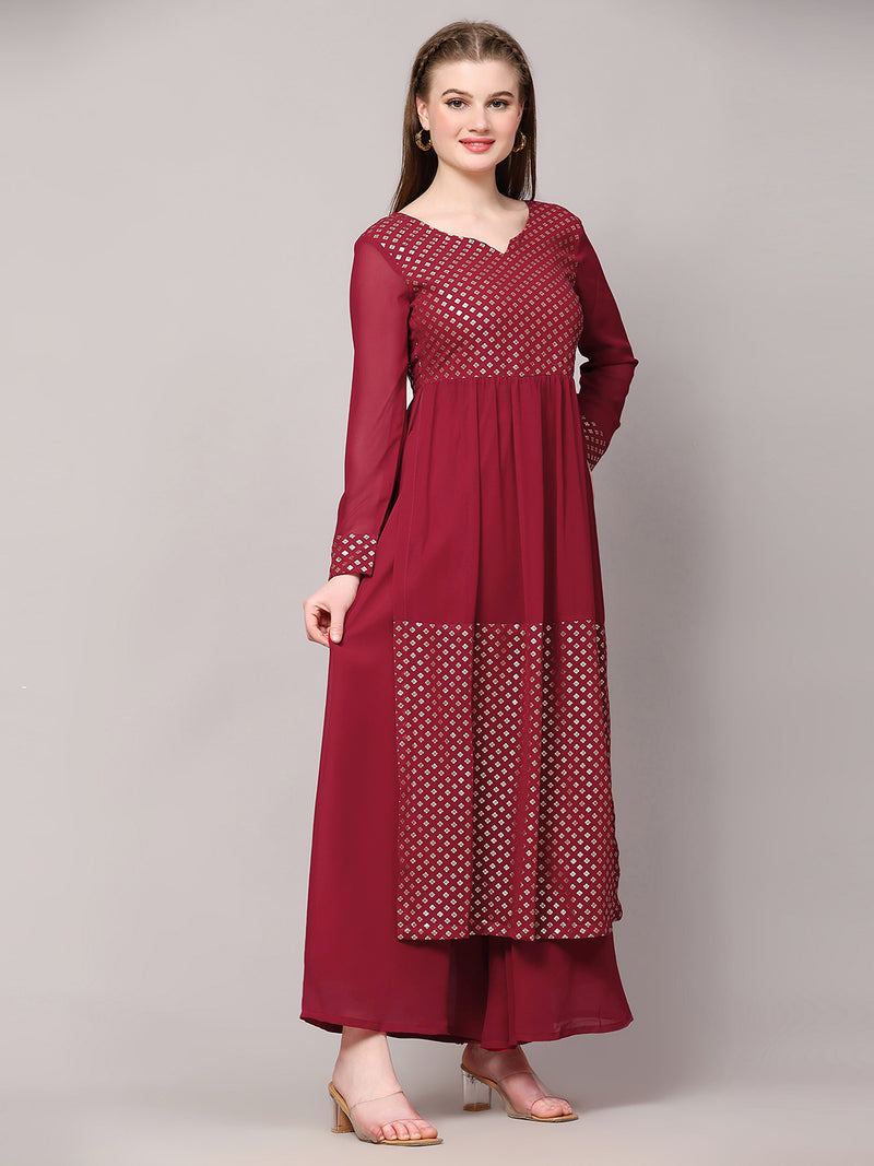 Poshak Hub Women Green Georgette Foil Print A-Line Kurta with palazzo